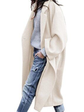 Women's White Wool Blend Long Overcoat Side Pockets Double Breasted Pea Coat